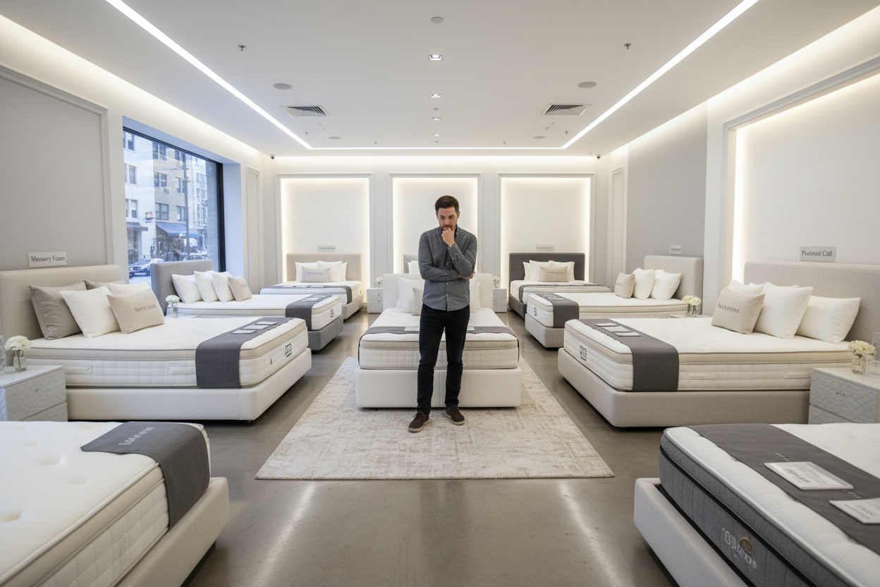 a person confused in a bed shop