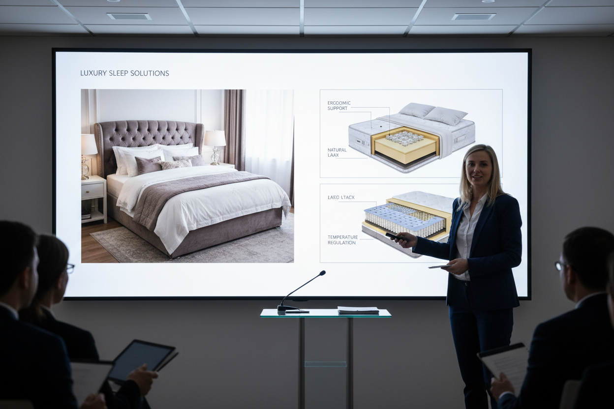 a teacher showing people beds on the screen moniyor