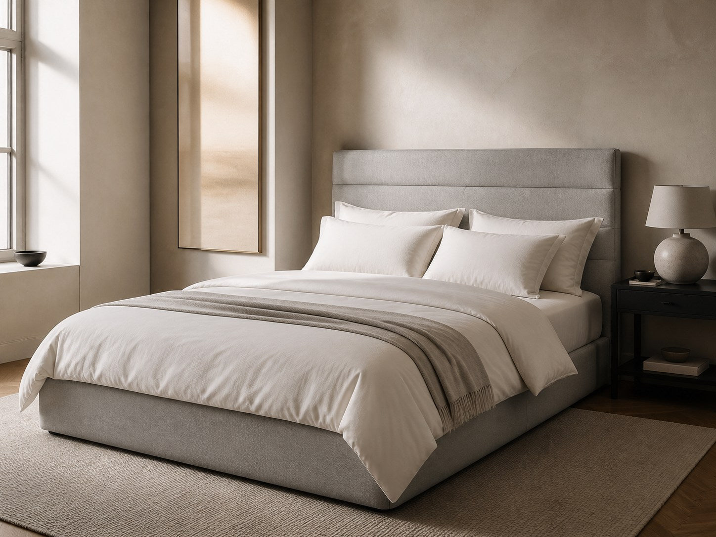A refined contemporary bedroom with a premium upholstered bed and layered ivory bedding
