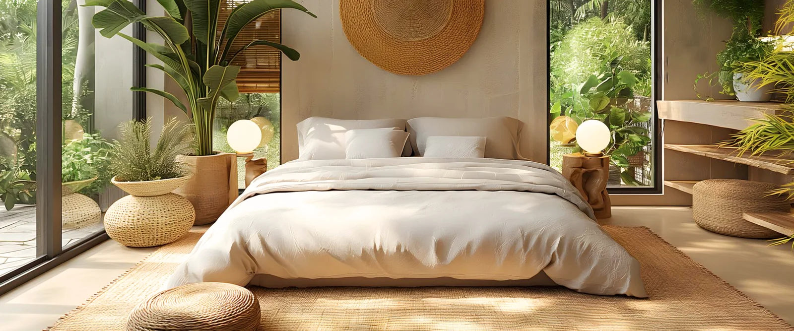 A tranquil bedroom opening onto a lush green garden, with a white bed at its centre