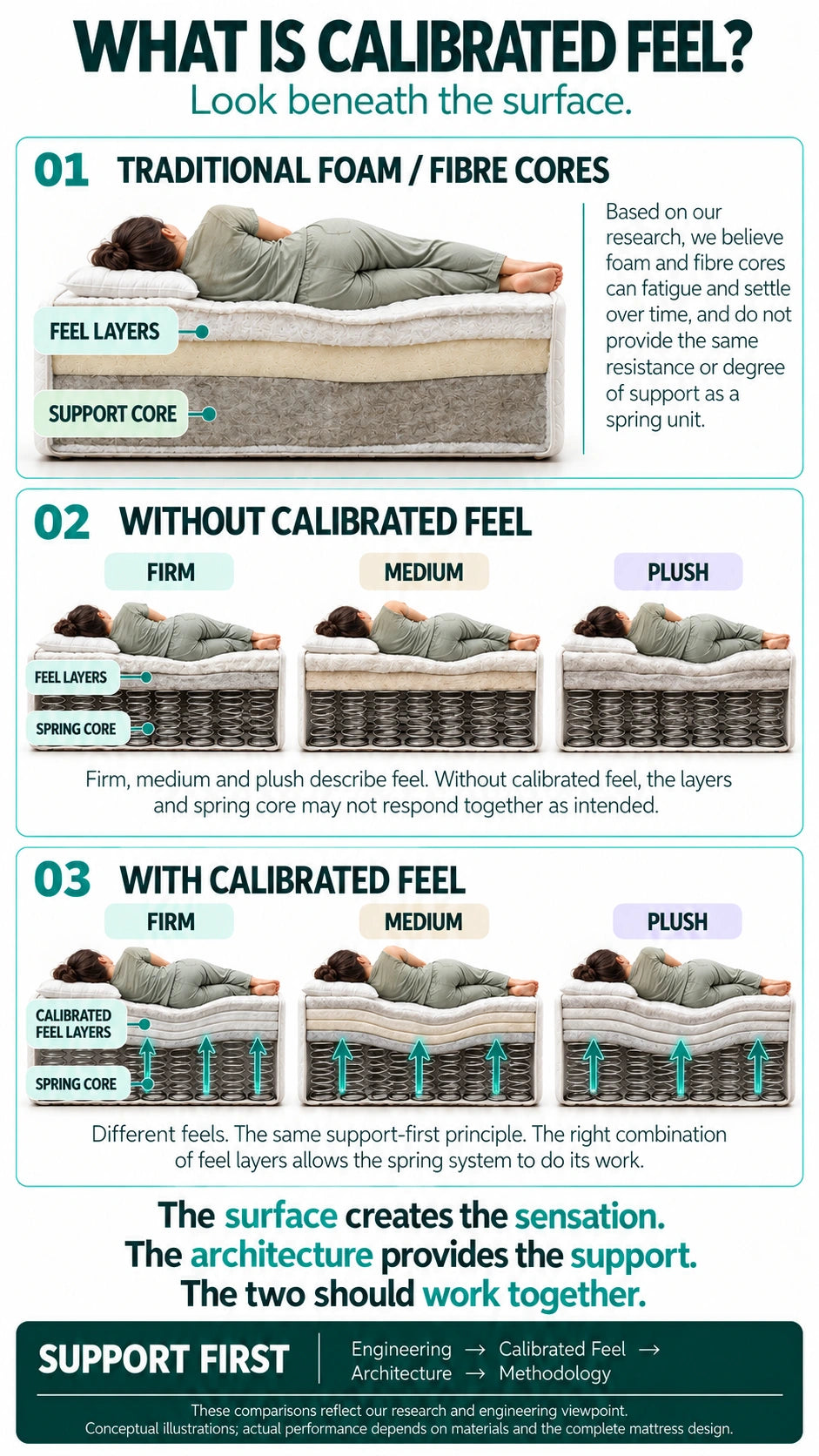 Calibrated Feel illustrated: traditional cores, without calibrated feel, and feel layers working with spring support.