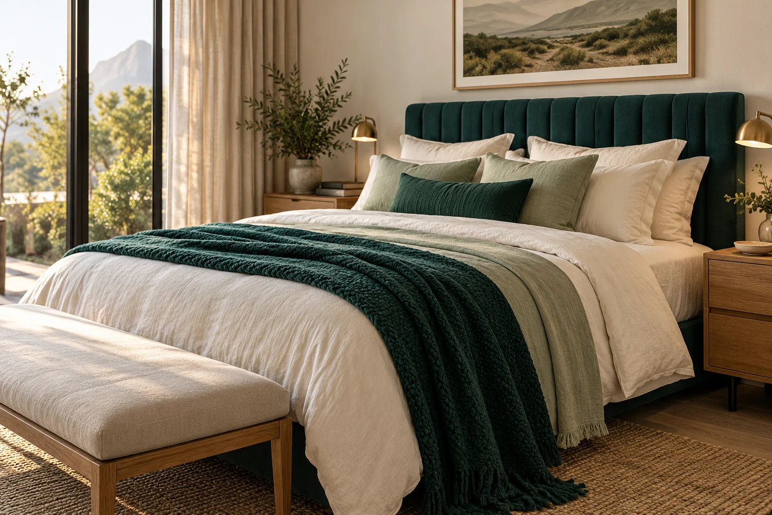 An inviting bedroom with a deep teal upholstered bed, ivory bedding and natural oak furniture