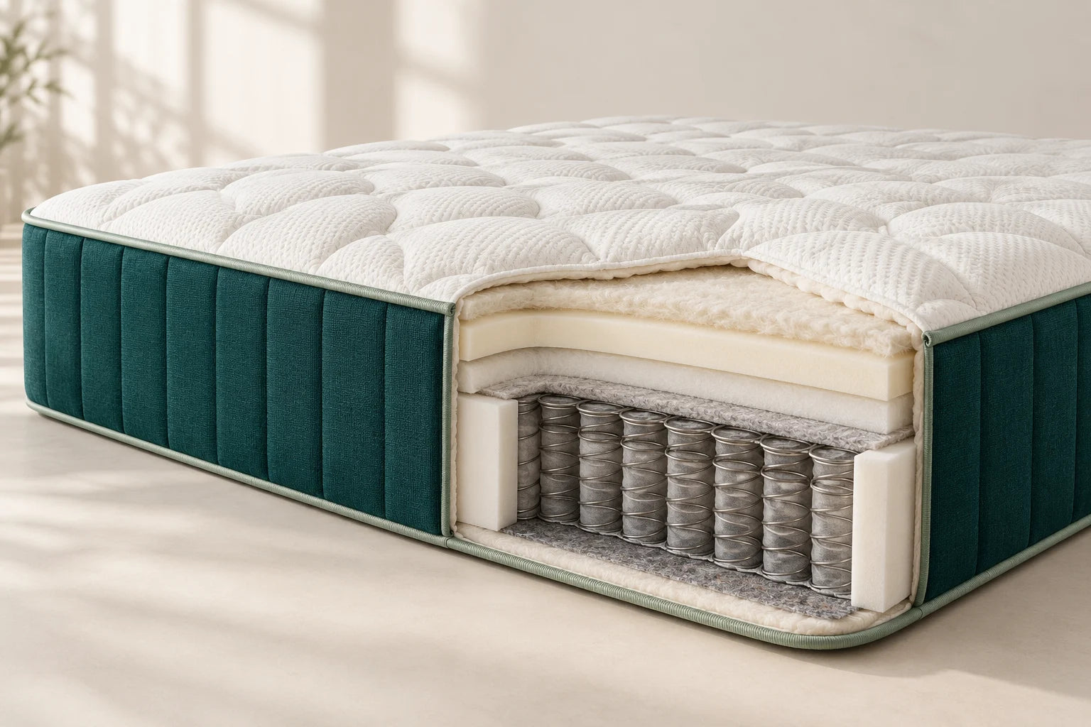 Conceptual mattress cutaway showing quilted fabric, comfort layers and the spring core beneath them